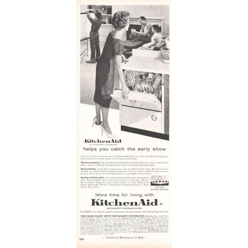 1960 Kitchenaid Automatic Dishwasher Vintage Print Ad Housewife Wall Art MCM 60s
